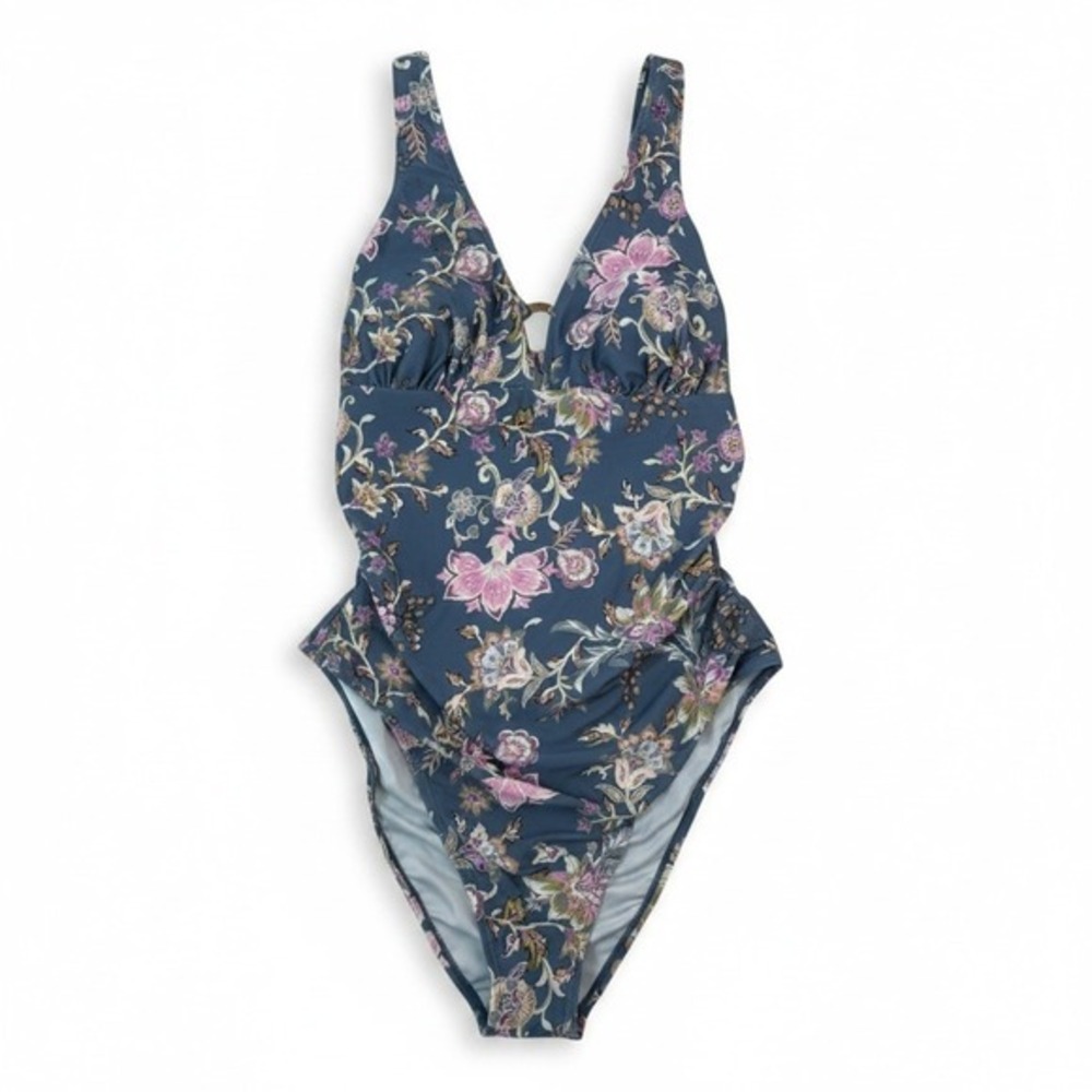 Cupshe NWT Blue Pink Floral Deep V Ruched O-Ring Back One Piece Swimsuit Size XL